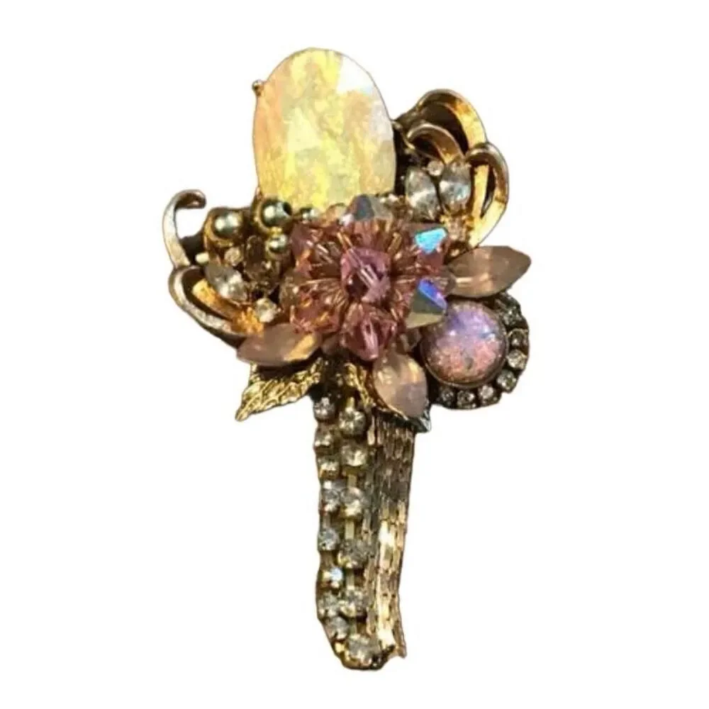 Pink Faux Opal and Gold Beaded Brooch Pin